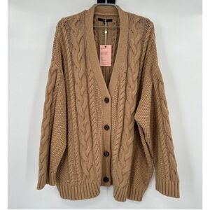 Quince Camel-Tan Cable-Knit Cardigan Sweater sz M Women's Organic Cotton NWT